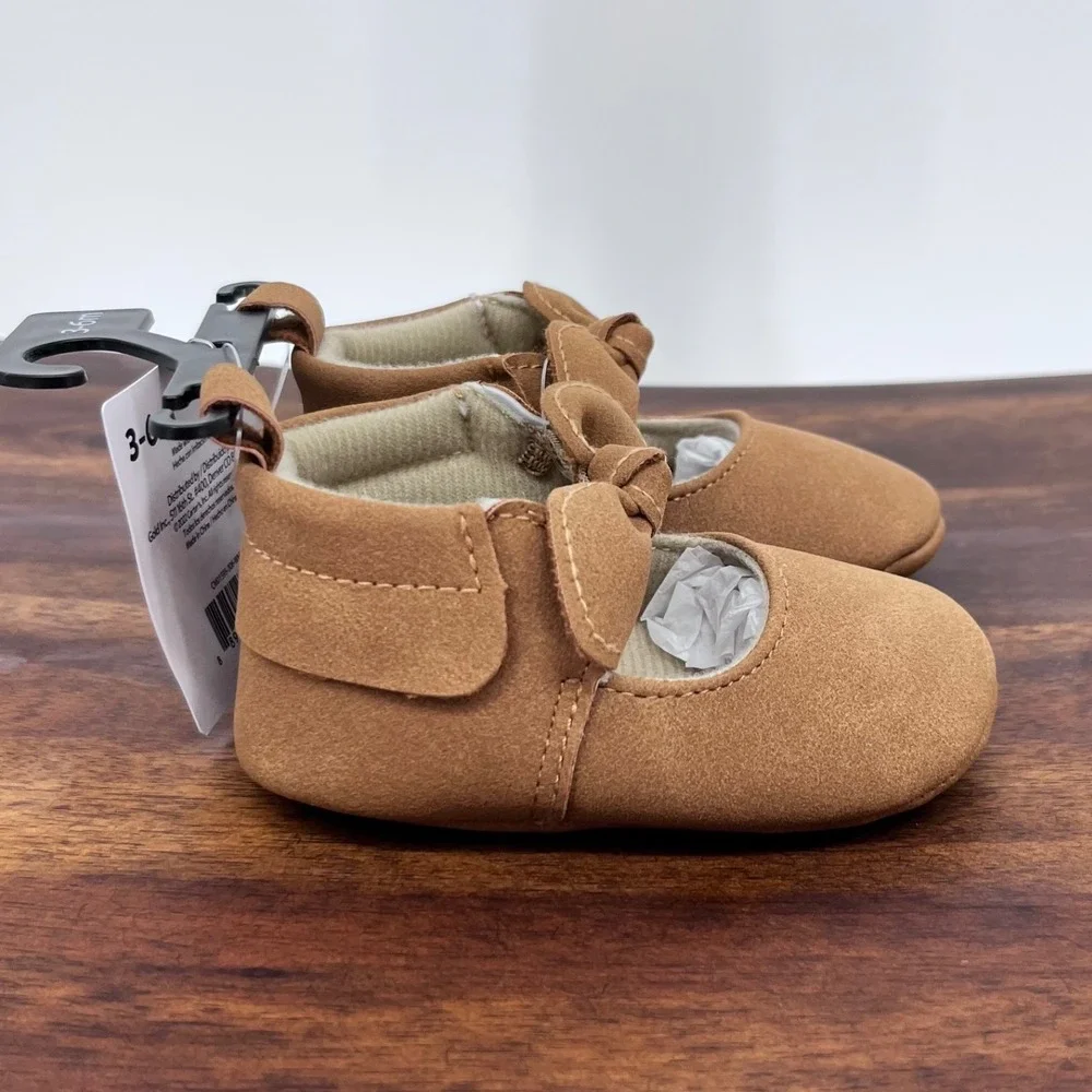 Carter's Child of Mine Mary Jane Baby Girl 3-6M Tan Bow Soft Sole Crib Shoes